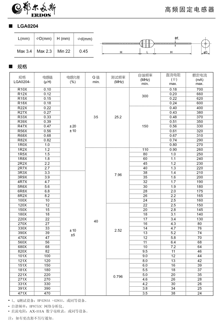 LF 型高频固定电感器规格书